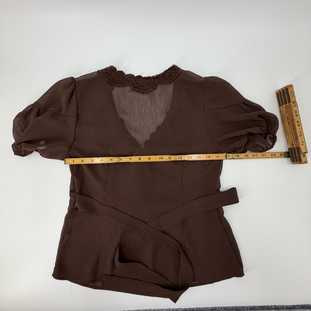 Coquette Cottagecore Brown Sheer Crochet Lace Trim Puff Sleeve Blouse Top PM - Picture 5 of 5